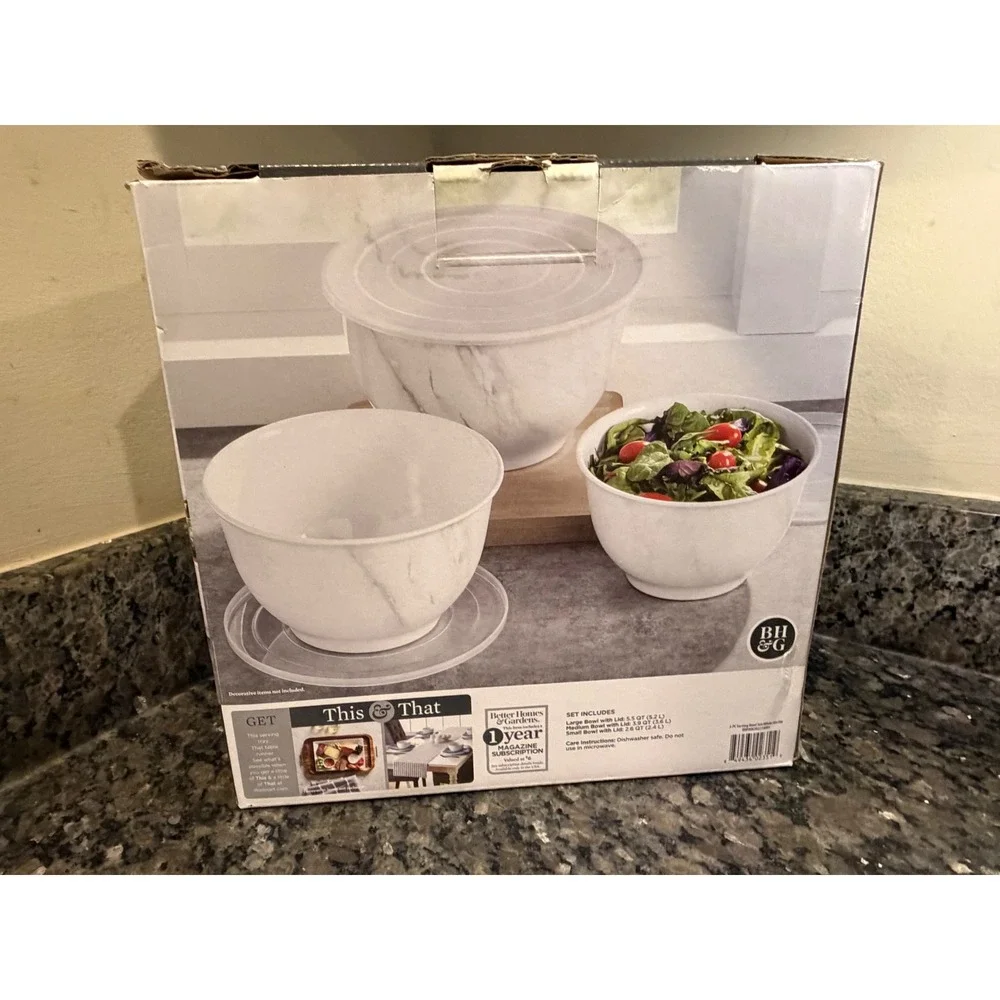 Better Homes & Gardens White Marble 6 Piece Melamine Serving Bowl Set with Lids